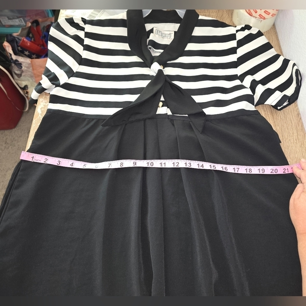 Vintage Ribori Black White Striped Tie Neck Midi Dress Costume Up to Women's L - Picture 7 of 10